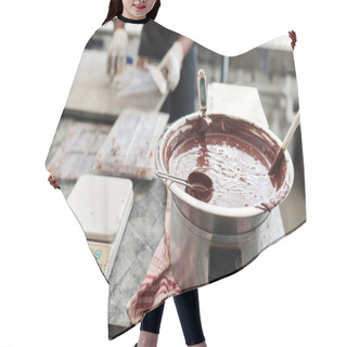 Personality  Melted Chocolate In A Bain Marie On A Table In An Artisanal Chocolate Making Factory Being Mixed And Temperature Monitored Hair Cutting Cape