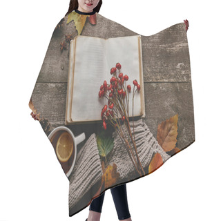 Personality  Flat Lay With Blank Notebook, Red Holly Berries, Cup Of Tea And Sweater On Wooden Tabletop Hair Cutting Cape