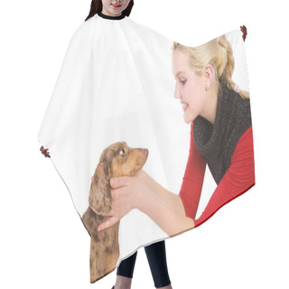 Personality  Beautiful Blonde Girl With Badger-dog Hair Cutting Cape