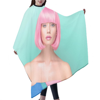 Personality  Young Woman With Pink Bob Cut Looking At Camera Isolated On Turquoise Hair Cutting Cape