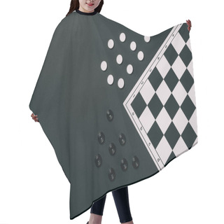 Personality  Top View Of Black And White Checkers And Checkerboard Isolated On Black Hair Cutting Cape