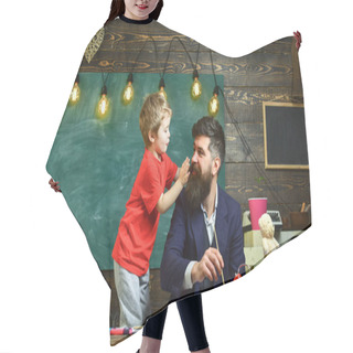 Personality  Child Cheerful And Teacher Painting, Drawing. Teacher With Beard, Father Teaches Little Son To Draw In Classroom, Chalkboard On Background. Talented Artist Spend Time With Son. Art Lesson Concept Hair Cutting Cape