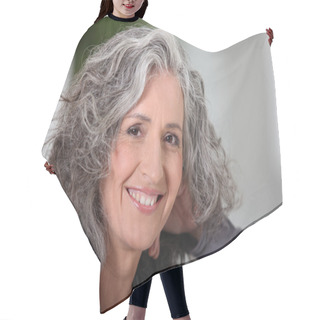 Personality  Close-up Of Grey Haired Woman At Home Hair Cutting Cape