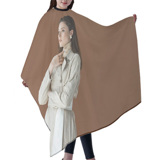 Personality  Fashionable Woman In Trench Coat Isolated On Brown With Copy Space  Hair Cutting Cape