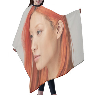 Personality  Portrait Of Delicate Young Asian Woman With Perfect Skin And Red Hair Posing On Grey Background Hair Cutting Cape