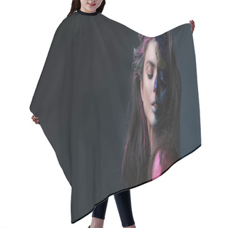 Personality  Portrait Of Mysterious Woman With A Half Face Covered By Fashion Make Up. Hair Cutting Cape