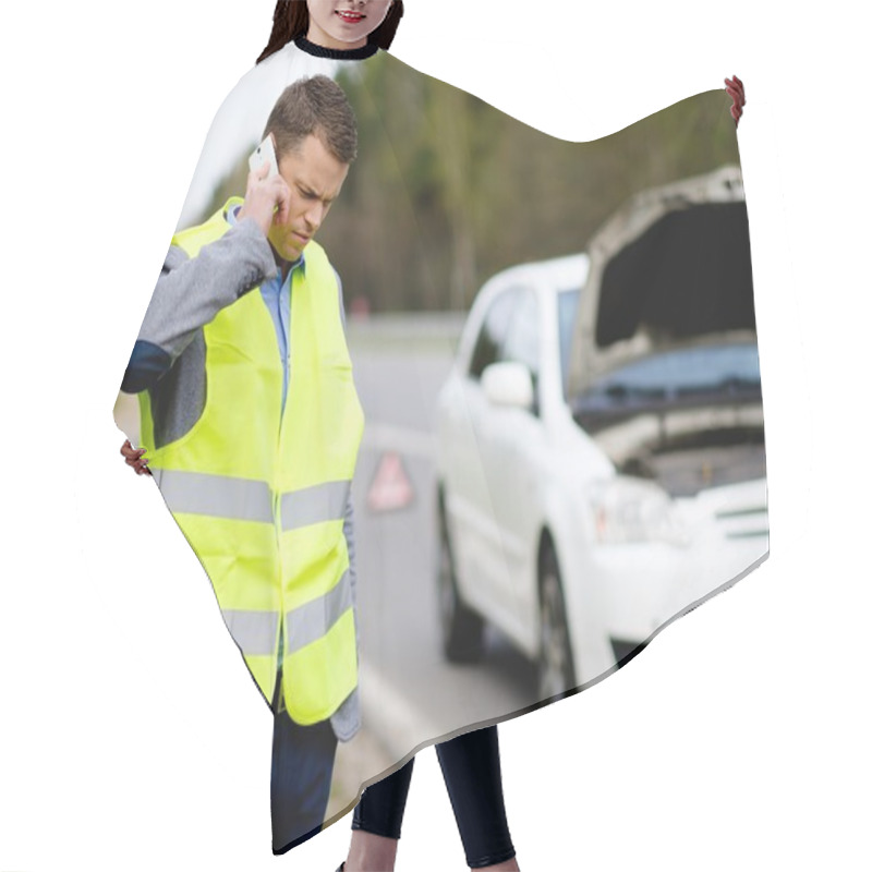 Personality  Man Calling Car Towing Service On A Highway Roadside  Hair Cutting Cape