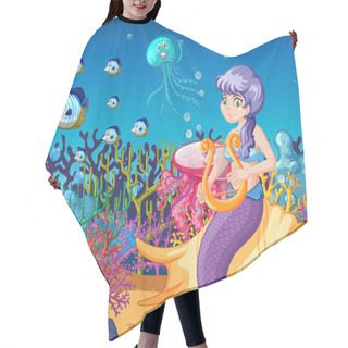 Personality  Set Of Sea Animals And Mermaid Cartoon On Sea Background Illustration Hair Cutting Cape