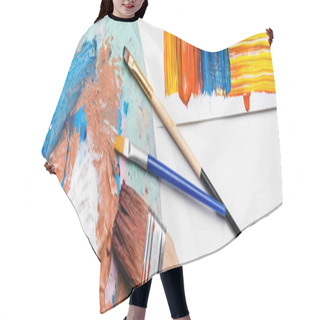 Personality  Top View Of Paintbrushes And Abstract Colorful Brushstrokes On Paper On White Background, Panoramic Shot Hair Cutting Cape