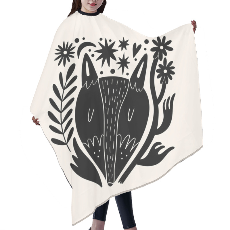 Personality  Foxe Woodland Animal Drawing In Ornate Rural Folk Scandinavian Style. Hair Cutting Cape