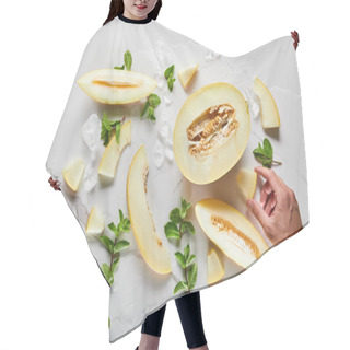 Personality  Top View Of Cut Delicious Melon On Marble Surface With Mint And Ice Near Man Hand Hair Cutting Cape