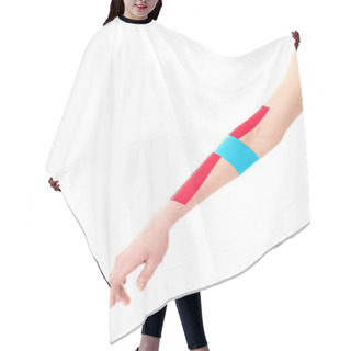 Personality  Cropped View Of Kinesiology Tapes On Woman Hand Isolated On White Hair Cutting Cape
