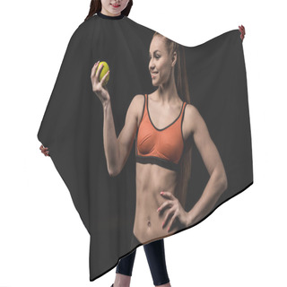 Personality  Smiling Caucasian Sportswoman Holding Apple Hair Cutting Cape