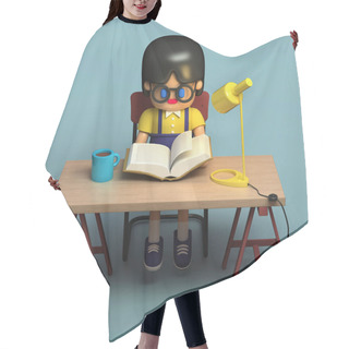 Personality  3d Rendering Of Little Girl In Glasses Reading Book. Cute Working Space. Cartoon Stylized. Hair Cutting Cape