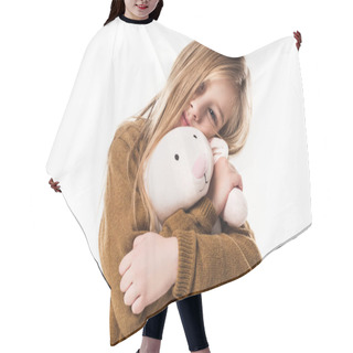 Personality  Beautiful Little Child Embracing With Soft Toy Bunny Isolated On White Hair Cutting Cape