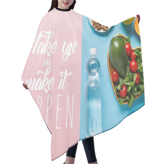 Personality  Top View Of Fresh Fruits, Crispbread And Breakfast Cereal On Blue And Pink Background With Wake Up And Make It Happen Lettering Hair Cutting Cape