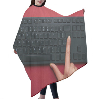 Personality  Top View Of Woman Pushing Button On Black Computer Keyboard On Red Background  Hair Cutting Cape
