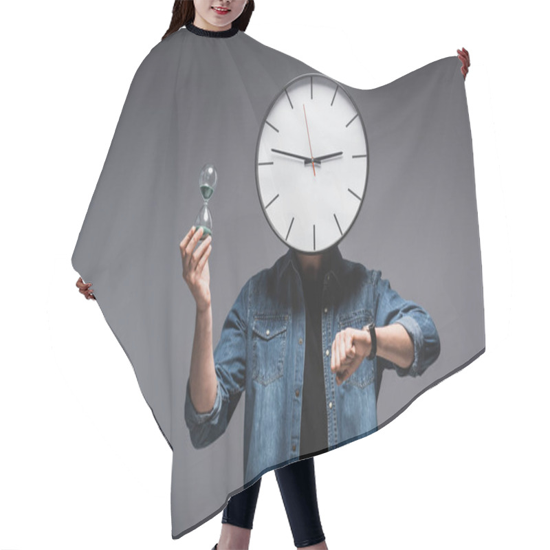 Personality  Man With Clock On Head, Wristwatch And Hourglass On Grey Background, Concept Of Time Management  Hair Cutting Cape