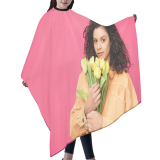 Personality  Attractive Curly African American Girl Holding Yellow Tulips Isolated On Crimson Hair Cutting Cape