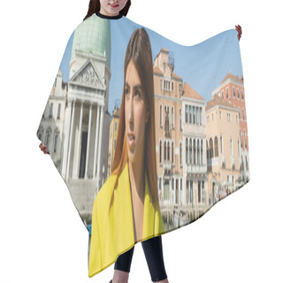 Personality  Redhead Woman In Yellow Clothes Looking Away Near Venetian Cityscape On Background, Banner Hair Cutting Cape