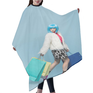 Personality  Stylish Asian Woman In Pop Art Style Holding Shopping Bags On Blue Background  Hair Cutting Cape