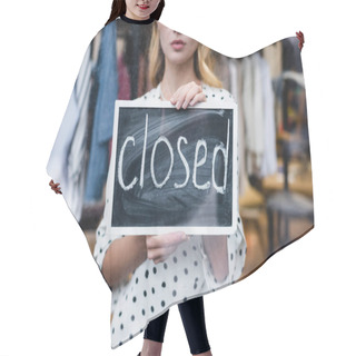 Personality  Partial View Of Proprietor Holding Board With Closed Lettering In Showroom, Blurred Background Hair Cutting Cape