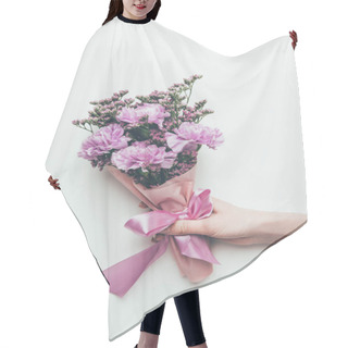 Personality  Cropped Shot Of Person Holding Beautiful Elegant Bouquet Of Tender Purple Flowers With Ribbon Isolated On Grey Hair Cutting Cape