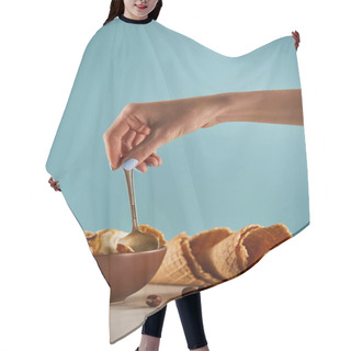 Personality  Cropped View Of Woman With Spoon, Bowl Of Ice Cream And Waffle Cones On Blue Hair Cutting Cape