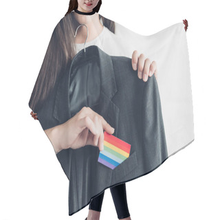 Personality  Cropped Shot Of Transgender Woman Taking Card With Pride Flag Out Of Business Suit Pocket Hair Cutting Cape