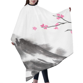 Personality  Japanese Painting With Grey Hill And Sakura Branches On White  Hair Cutting Cape