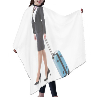 Personality  Cropped Image Of Stewardess Walking With Suitcase Isolated On White Hair Cutting Cape