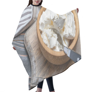 Personality  Traditional Mascarpone Cheese In Wooden Bowl On Table Hair Cutting Cape