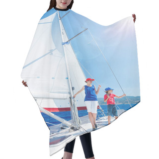 Personality  Boy With His Sister On Board Of Sailing Yacht On Summer Cruise. Travel Adventure, Yachting With Child On Family Vacation. Hair Cutting Cape
