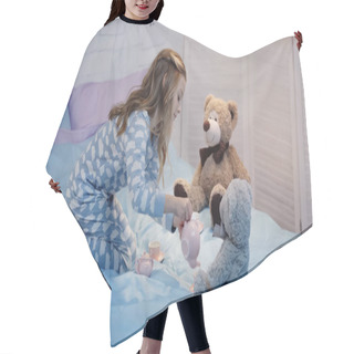 Personality  Side View Of Preteen Child Pouring Tea While Playing Near Teddy Bears On Bed  Hair Cutting Cape