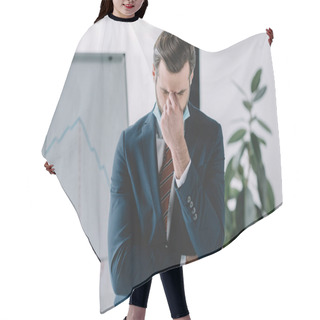 Personality  Depressed Businessman Standing With Bowed Head And Closed Eyes Near Flipchart With Graphs Showing Recession Hair Cutting Cape