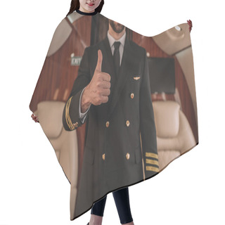 Personality  Cropped View Of Smiling Pilot Of Private Jet Showing Thumb Up Hair Cutting Cape