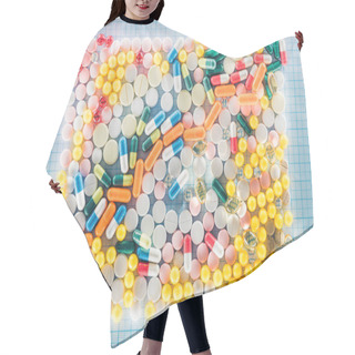 Personality  Flat Lay With Rectangle Made Of Various Colorful Pills On Blue Checkered Surface Hair Cutting Cape
