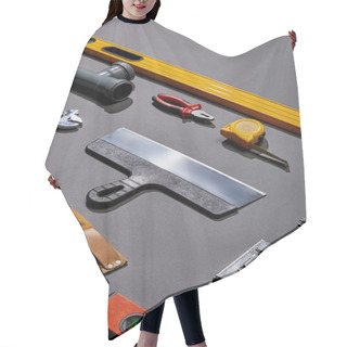 Personality  High Angle View Of Putty Knife, Spirit Levels, Pipe Connector, Pliers, Measuring Tape, Monkey Wrench, Tool Belt And Stapler On Grey Background Hair Cutting Cape