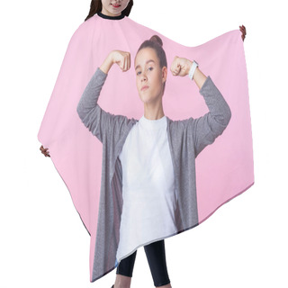 Personality  Portrait Of Self-confident Teenage Girl Raising Hands Showing Po Hair Cutting Cape