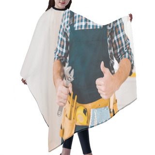 Personality  Cropped View Of Handyman Holding Wrench And Showing Thumb Up Hair Cutting Cape