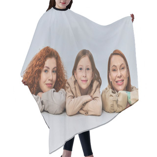 Personality  Joyful Female Generations, Redhead Women And Child In Beige Coats Smiling On Grey Background, Family Hair Cutting Cape