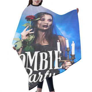 Personality  Young Woman In Black Dress And Veil Holding Rose And Burning Candles Near Zombie Party Lettering On Blue With Smoke Hair Cutting Cape