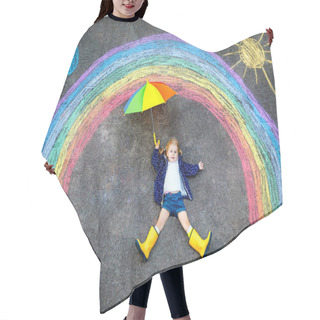 Personality  Happy Little Toddler Girl In Rubber Boots With Rainbow Painted With Colorful Chalks On Ground During Pandemic Coronavirus Quarantine. Children Painting Rainbows Along With The Words Lets All Be Well Hair Cutting Cape