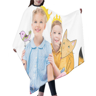 Personality  Adorable Children In Yellow Paper Crowns, Isolated On White With Drawn Imaginary Fox And Birds Hair Cutting Cape