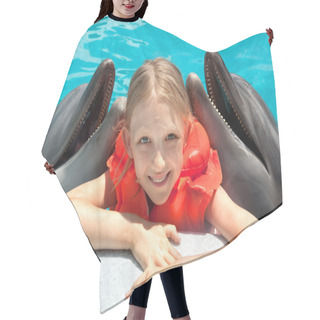 Personality  Happy Little Girl Smiling With Two Dolphins In Swimming Pool Hair Cutting Cape