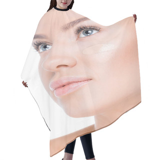 Personality  Woman With Foundation Cream On Face Hair Cutting Cape