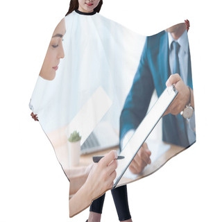 Personality  Cropped Shot Of Lawyer Holding Clipboard And Young Woman Signing Document  Hair Cutting Cape