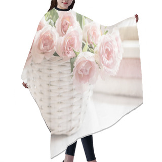 Personality  Beautiful, Pink Roses In A White Basket Close Up  Hair Cutting Cape