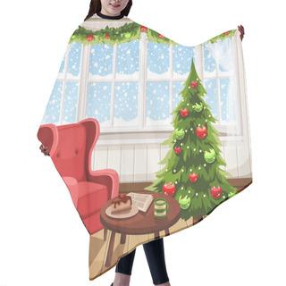 Personality  Vector Christmas Living Room Interior With Fir-tree, Armchair And Snowfall Outside The Window. Hair Cutting Cape