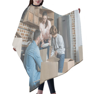 Personality  Happy Family Unpacking Cardboard Boxes In New House Hair Cutting Cape